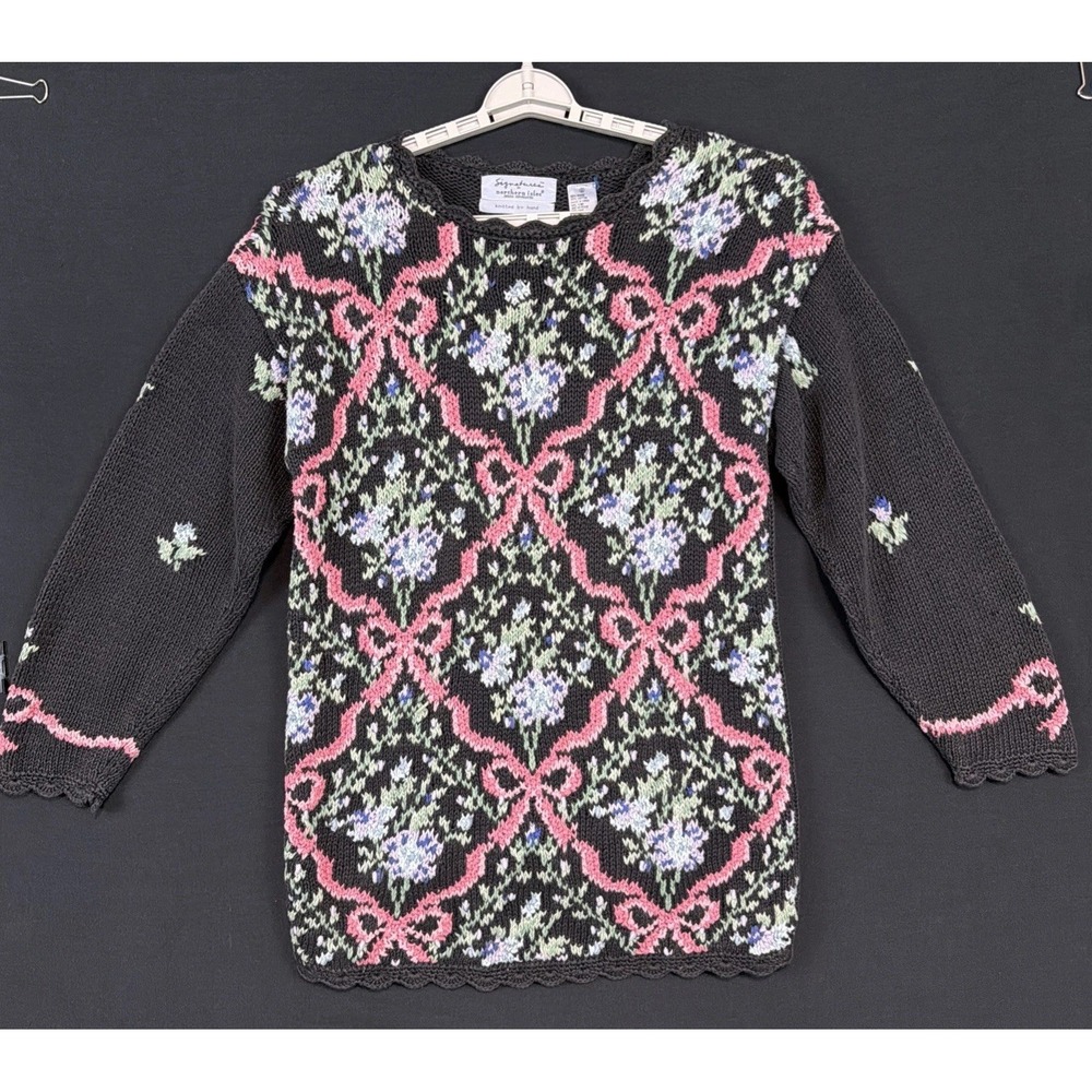 Vtg Signatures by Northern Isles Hand knit Sweater S Ribbon Trellis Cottagecore